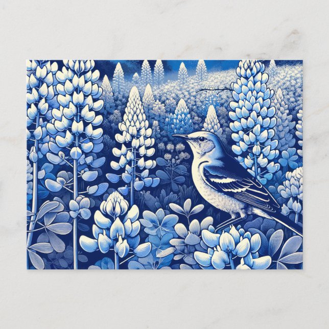 Postal Texas Bluebonnets y Mockingbird del Norte Texan (Anverso)