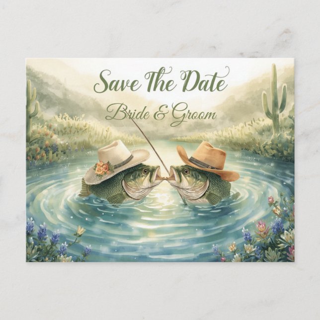 Postal Texas Boda de Pesca Guardar la Fecha Vaquero  (Anverso)