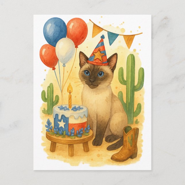 Postal Texas Cumpleaños Temático para Amantes de Gatos (Anverso)