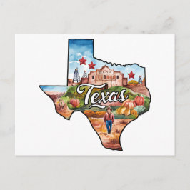 Postal Texas EE. UU. Estado con forma de acuarela vintage