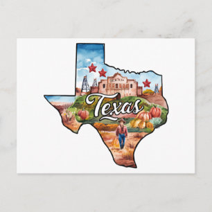 Postal Texas EE. UU. Estado con forma de acuarela vintage