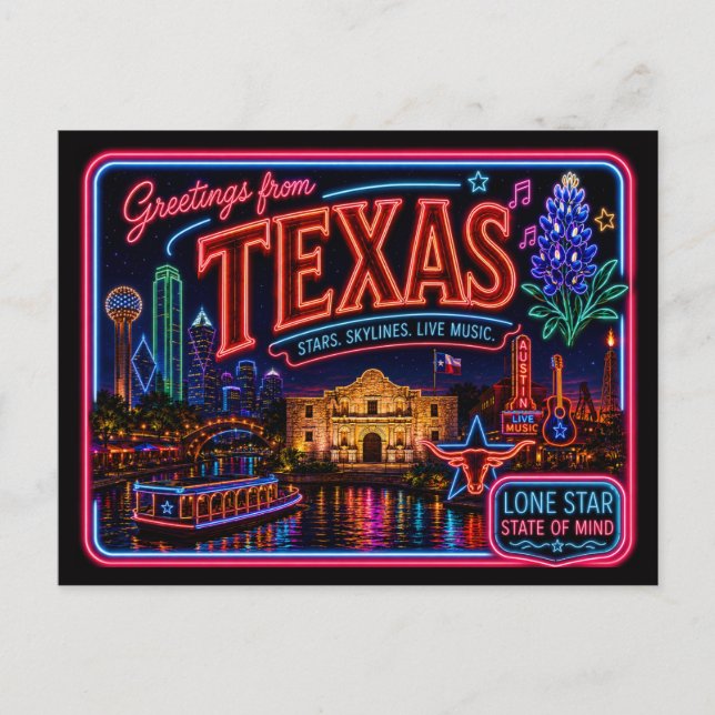 Postal Texas Neon Estado Retro Vintage (Anverso)