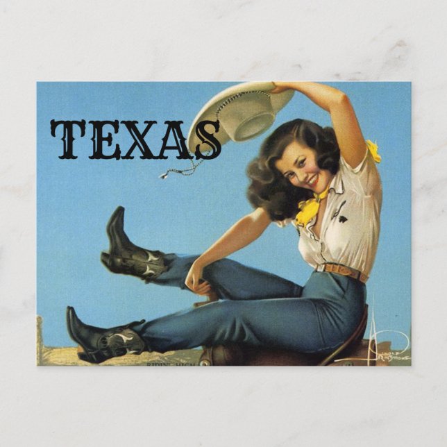 Postal TEXAS Vintage Travel Cowgirl (Anverso)
