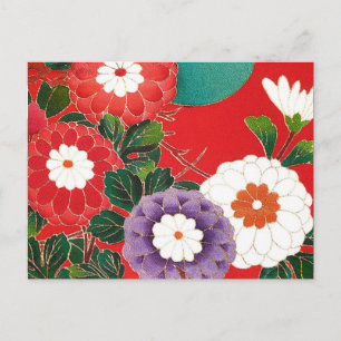 Postal Textil japonés vintage - Dahlias rojas