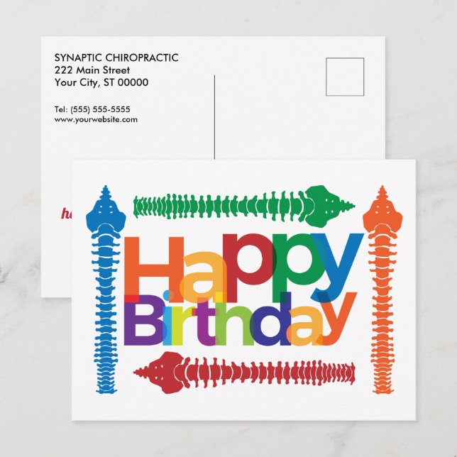 Postal Texto colorido con espinas Cumpleaños quiropráctic (Anverso / Reverso)