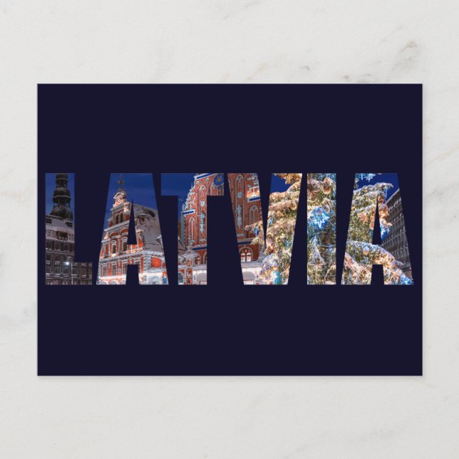Postal Texto de Letonia con árbol de Navidad iluminado (Anverso)