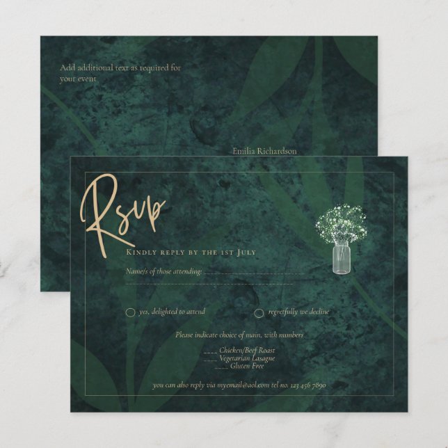 Postal Texto de oro verde esmeralda Boda gitsophila RSVP (Anverso / Reverso)