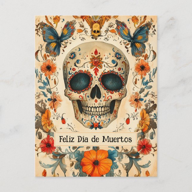 Postal texto personalizado 💀 colorido Día de Muertos (Anverso)