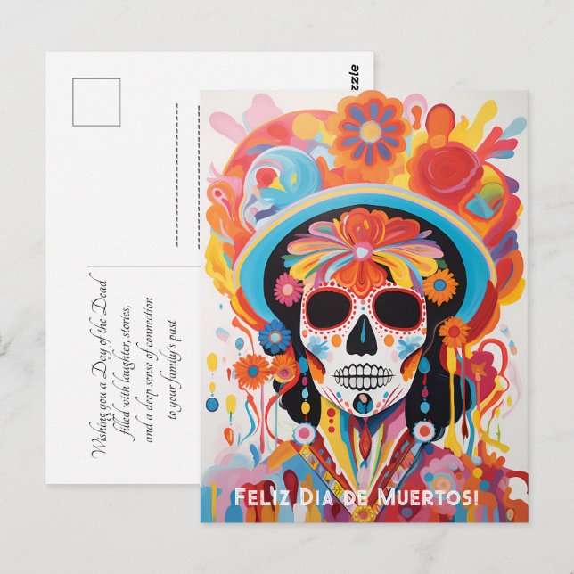 Postal Texto personalizado Dia de Muertos La Calavera Cat (Anverso / Reverso)
