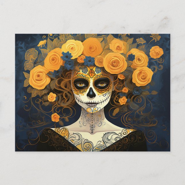 Postal Texto personalizado 💀 La Calavera Catrina con flo (Anverso)