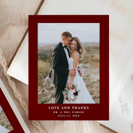 Postal Texto rojo oscuro y foto | Boda Gracias