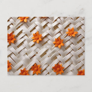 Postal Textura de Cestería Blanca con Flores Naranjas
