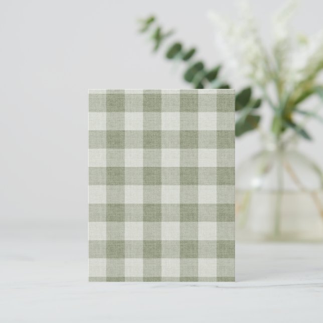 Postal Textura de lino de gingham verde salvia con cuadro (Anverso de pie)