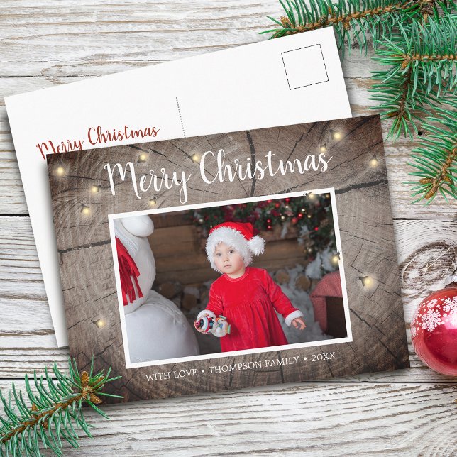Postal Textura de madera rústica luciérnagas Navidad Foto (Rustic Wood Texture Fireflies Christmas Photo Postcard)