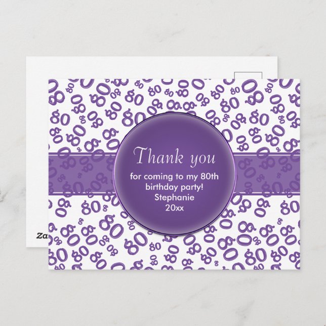 Postal Thank  You 80 Purple/White Birthday Number Pattern (Anverso / Reverso)
