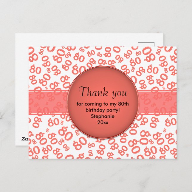 Postal Thank You: 80th Coral/White Number Pattern (Anverso / Reverso)