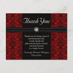 Postal Thank You Card Black and Red Damask Jewel