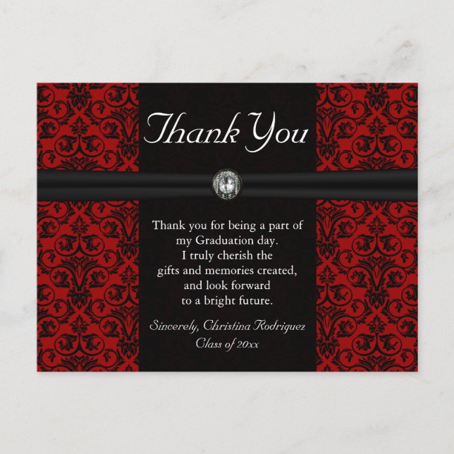 Postal Thank You Card Black and Red Damask Jewel (Anverso)
