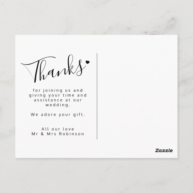 Postal Thank you heart script black white wedding (Reverso)