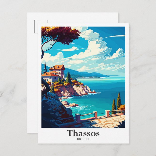 Postal Thassos Grecia Ilustracion de viajes de arte (Anverso / Reverso)