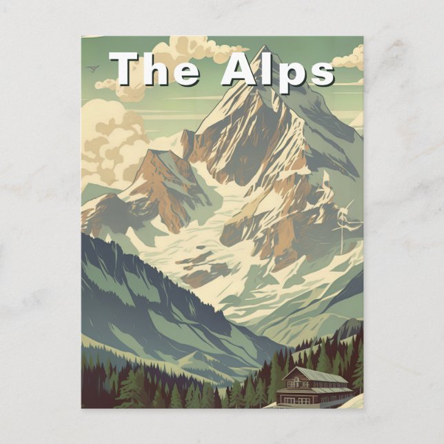 Postal The Alps Retro Travel Skiing Mountain Lodge (Anverso)