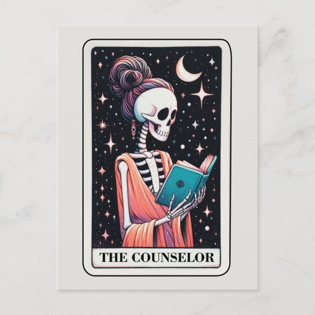 Postal The Counselor Tarot Reading Skeleton Book Lover (Anverso)