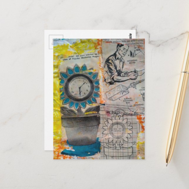 Postal The Flower Clock Mixed Media Collage (Anverso/Reverso In Situ)
