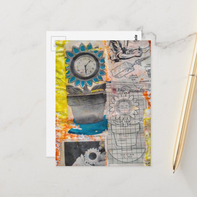Postal The Flower Clock Plans Retro Mixed Media Collage (Anverso/Reverso In Situ)