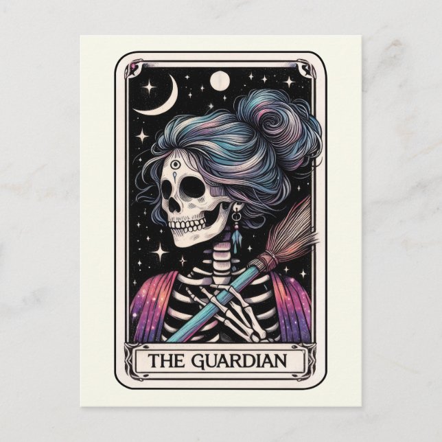 Postal The Guardian Tarot Witchy Skeleton Broomstick (Anverso)