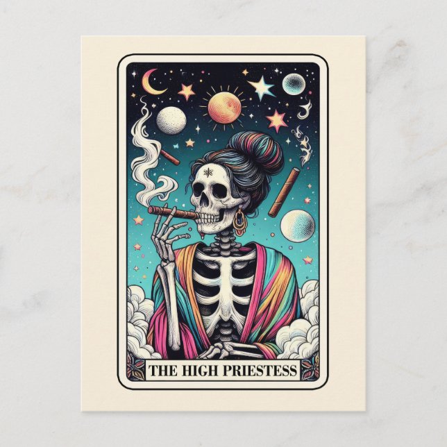 Postal The High Priestess Tarot Art Smoking Skeleton Goth (Anverso)