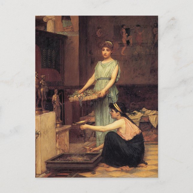 Postal TheE HoUSEHoLD GoDs, por John William Waterhouse (Anverso)