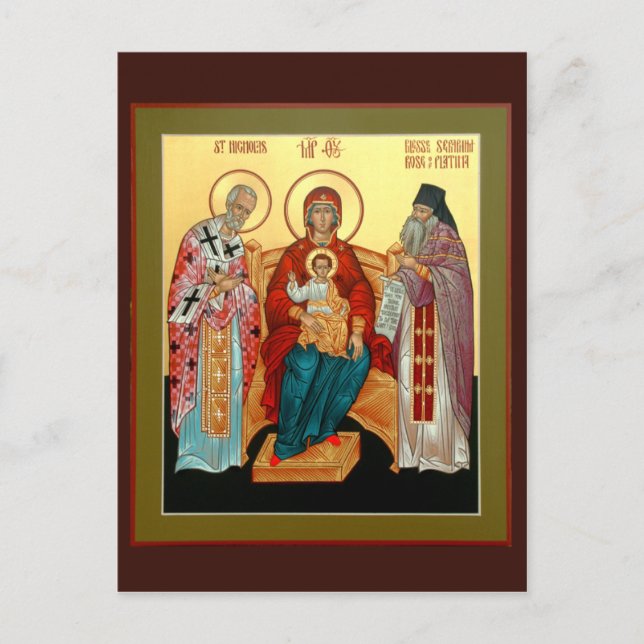 Postal Theotokos con San Nicolás y Beato Serafín (Anverso)