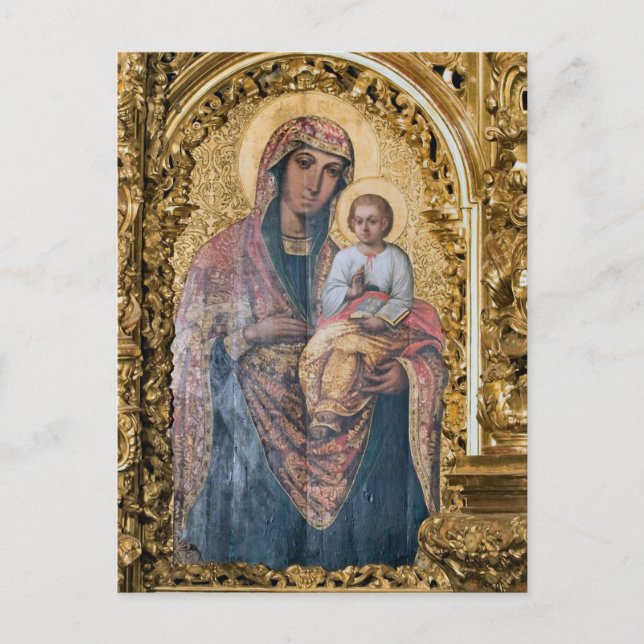 Postal Theotokos y el ícono ortodoxo del niño Cristo (Anverso)