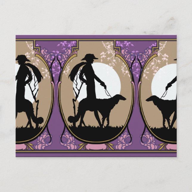 Postal Theresa in Brown & Plum - Dama Art Deco con Perro (Anverso)