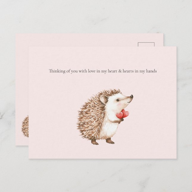 Postal Thinking of you Hedgehog Hearts in Hands (Anverso / Reverso)