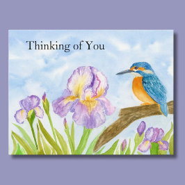 Postal Thinking of You Watercolor Kingfisher Purple Iris