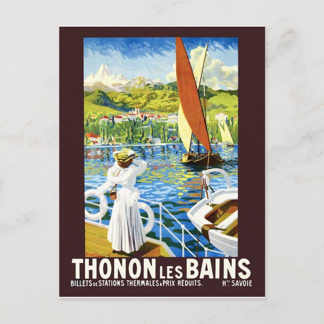 Postal Thonon, Les Bains, mujer en yate, Francia (Anverso)