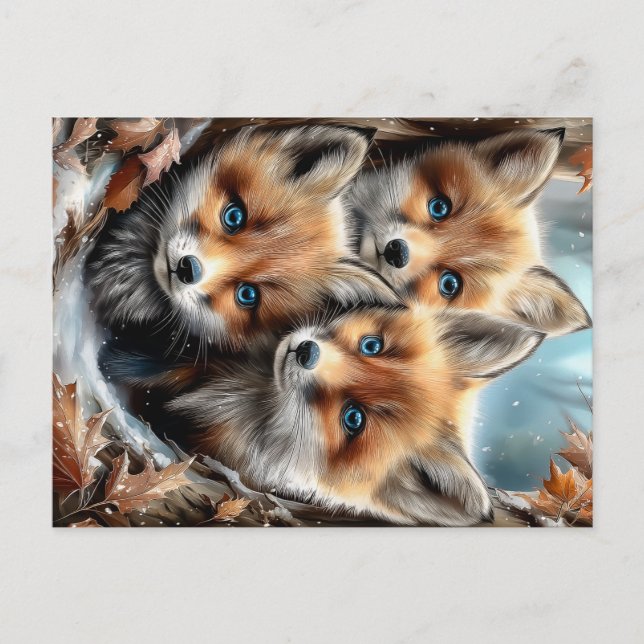 Postal Three Cute Fox Cubs in Forest (Anverso)