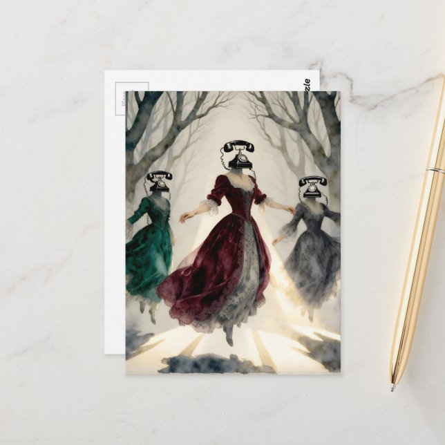 Postal Three levitating women vintage telephone heads (Anverso/Reverso In Situ)