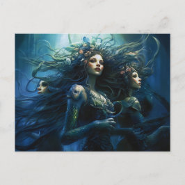Postal Three Sea Nymphs in Mirror Fantasy Painting