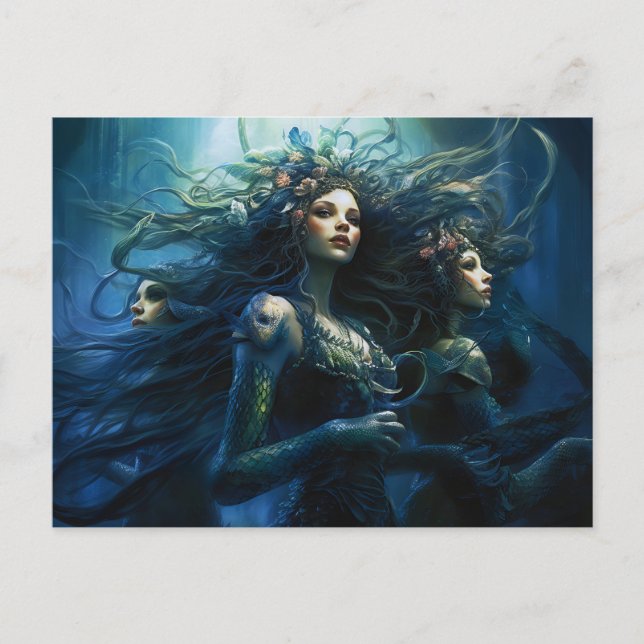 Postal Three Sea Nymphs in Mirror Fantasy Painting (Anverso)