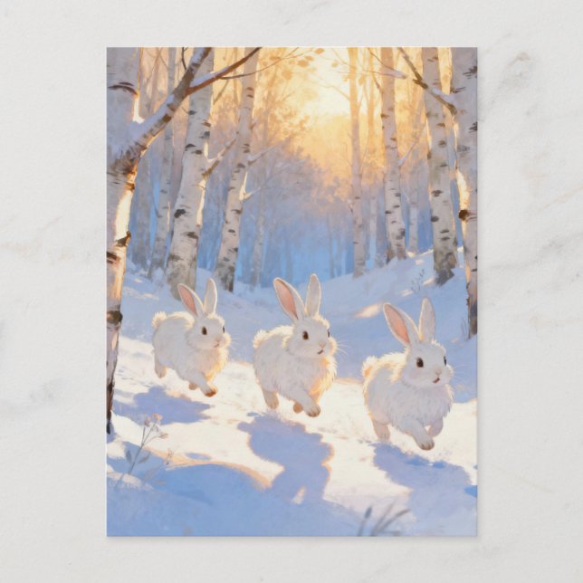 Postal Three White Winter Rabbits  (Anverso)