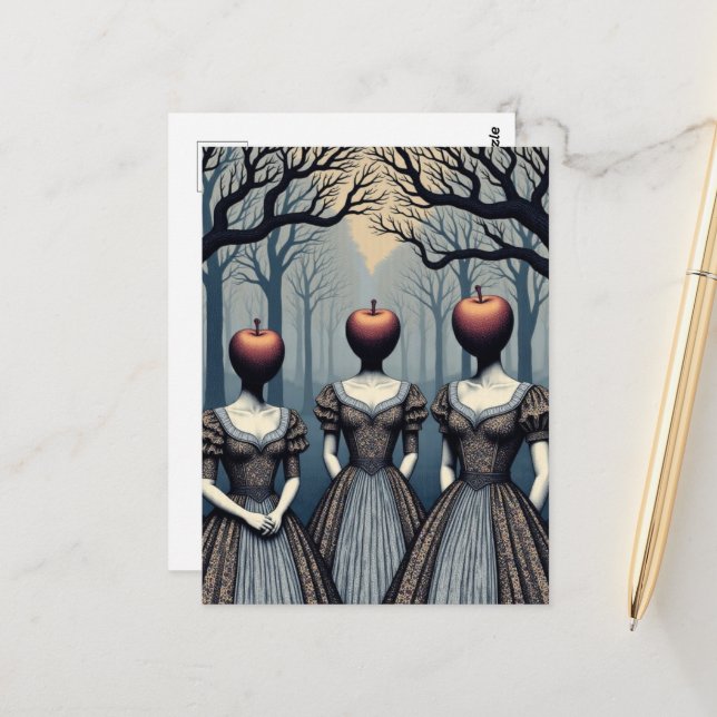 Postal Three Women With Apple Heads in Forest (Anverso/Reverso In Situ)