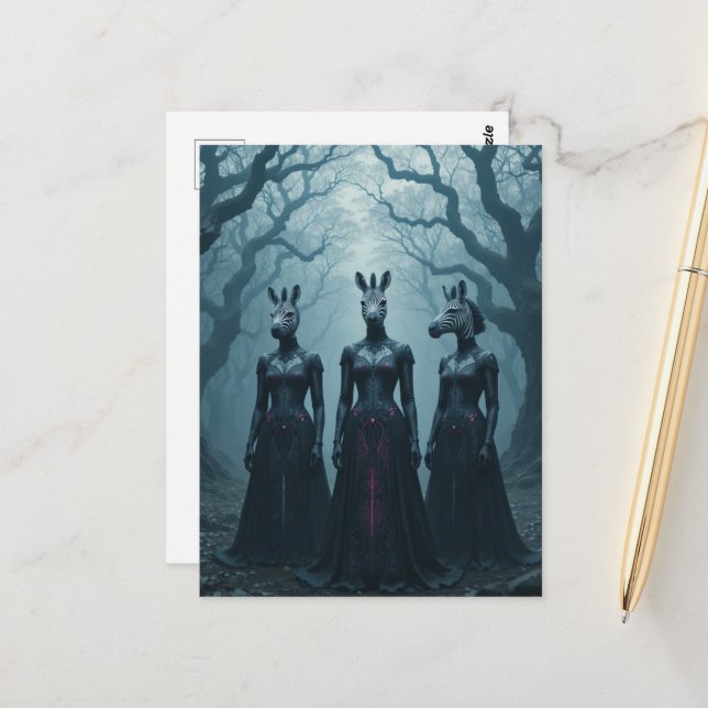 Postal Three Women With Zebra Heads in Forest (Anverso/Reverso In Situ)