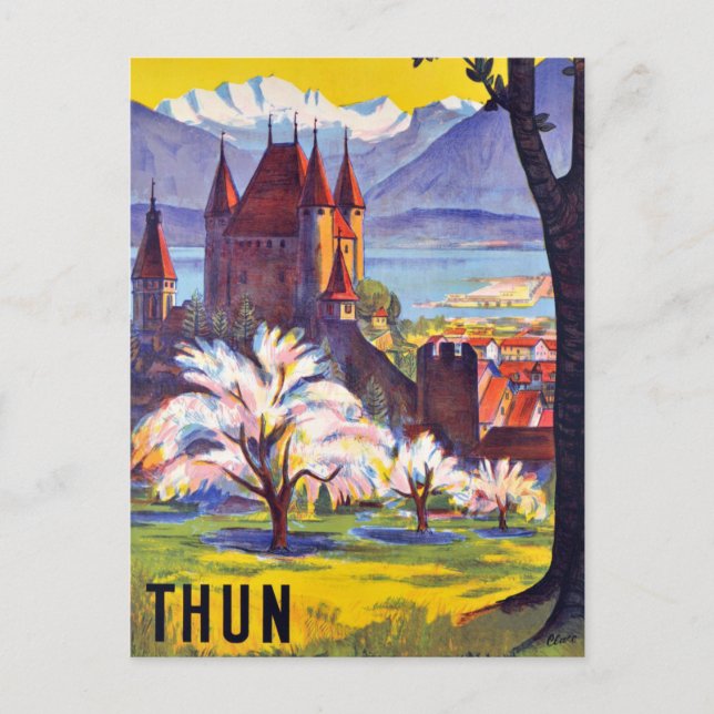 Postal Thun, Ciudad, Castillo y Lago, Suiza (Anverso)