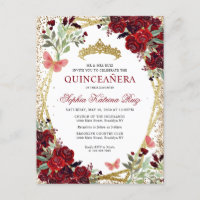 Tiara Floral Moderna de Borgoña Rojo Dorado Quince