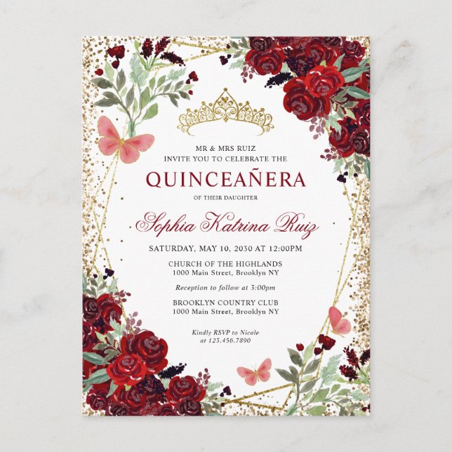 Postal Tiara Floral Moderna de Borgoña Rojo Dorado Quince (Anverso)