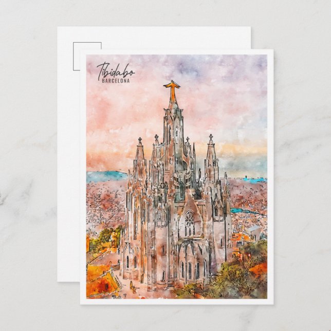 Postal Tibidabo Barcelona vintage acuarela (Anverso / Reverso)