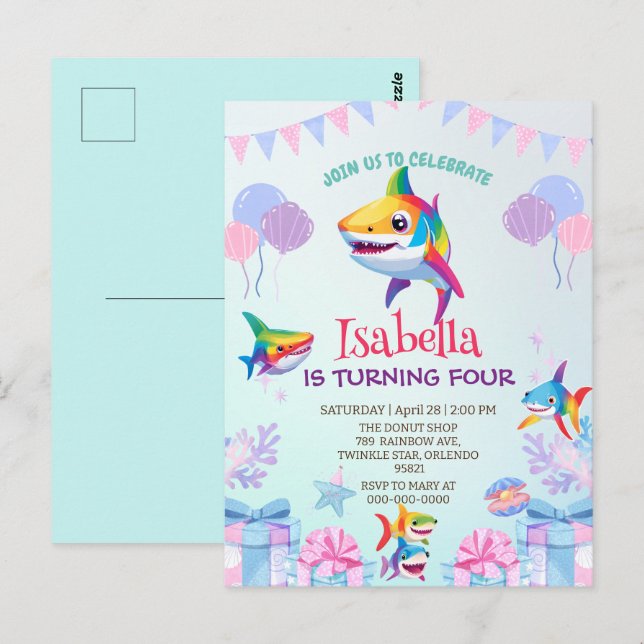 Postal Tiburón arcoíris divertido fiesta de cumpleaños gl (Anverso / Reverso)