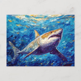 Postal Tiburón en pintura al óleo submarina expresiva